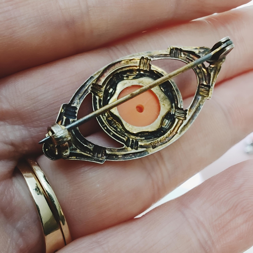 Vintage 1930's Sterling Silver Gold Vermeil Celluloid Coral Rose Brooch Pin - Picture 4 of 8